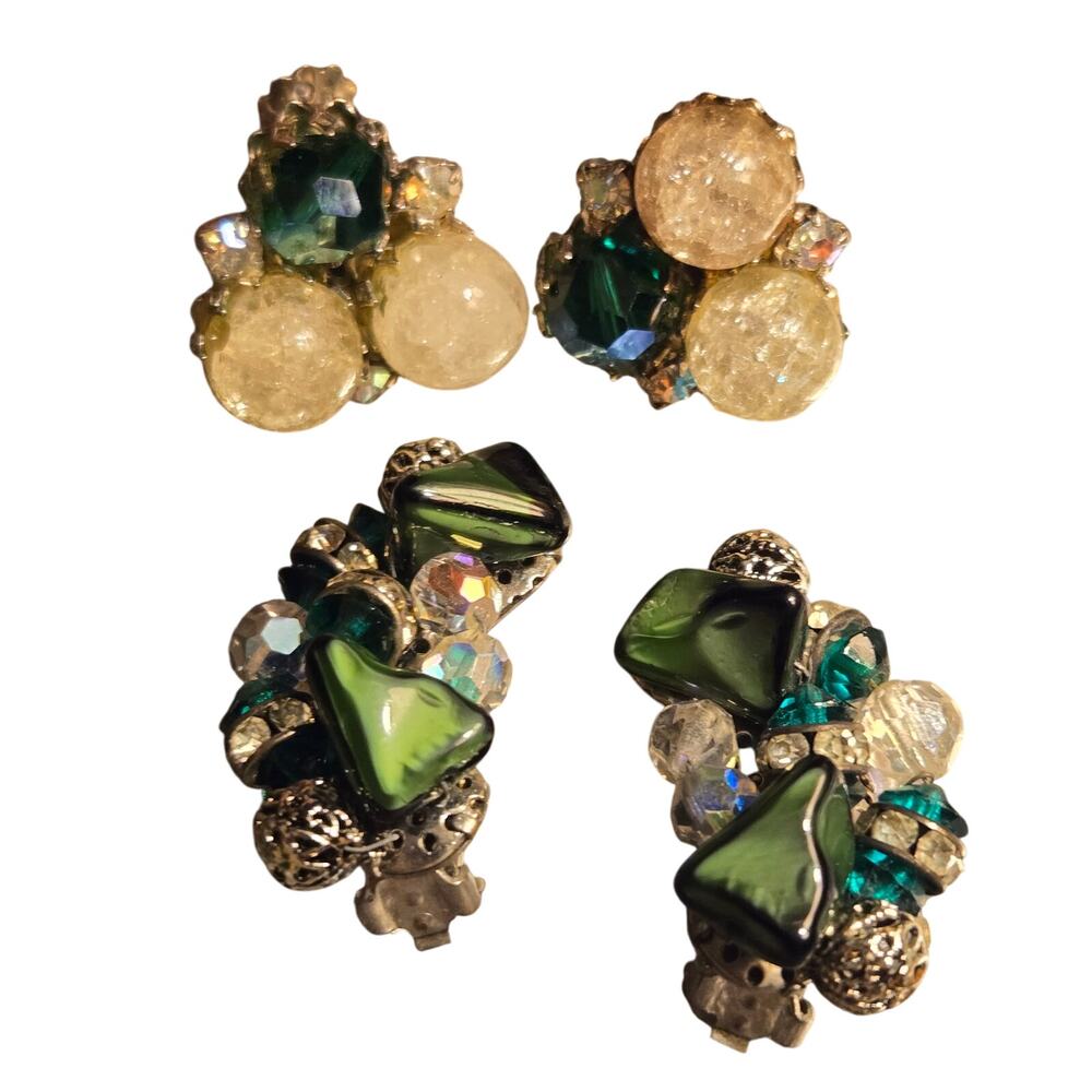 Vintage Mid Century Green Champagne Glass Bead Rhinestone Cluster Clip Earrings